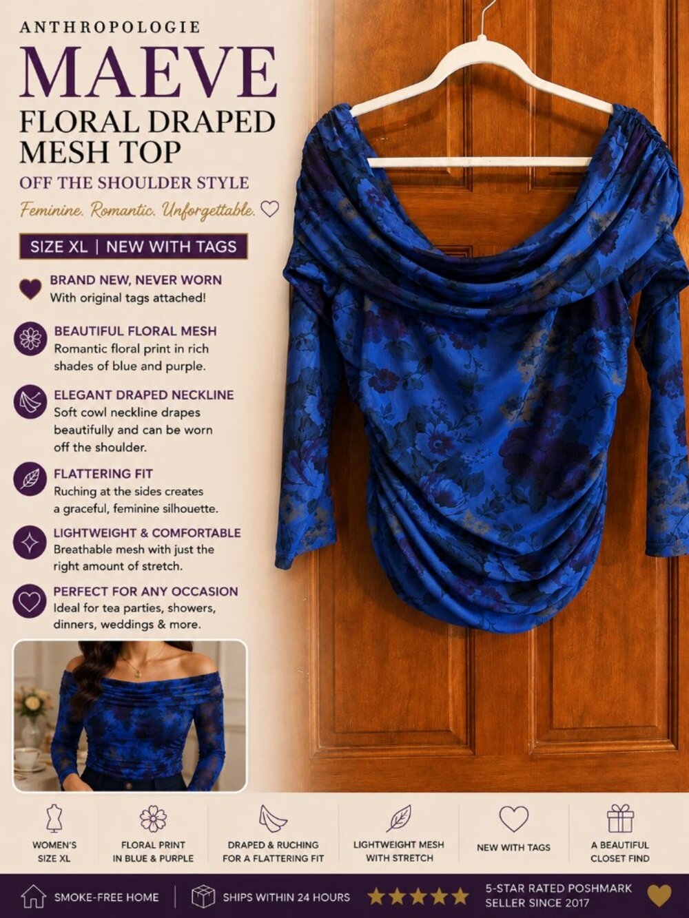 Anthropologie Maeve Floral Draped Mesh Off Shoulder Top Blue Purple XL NWT